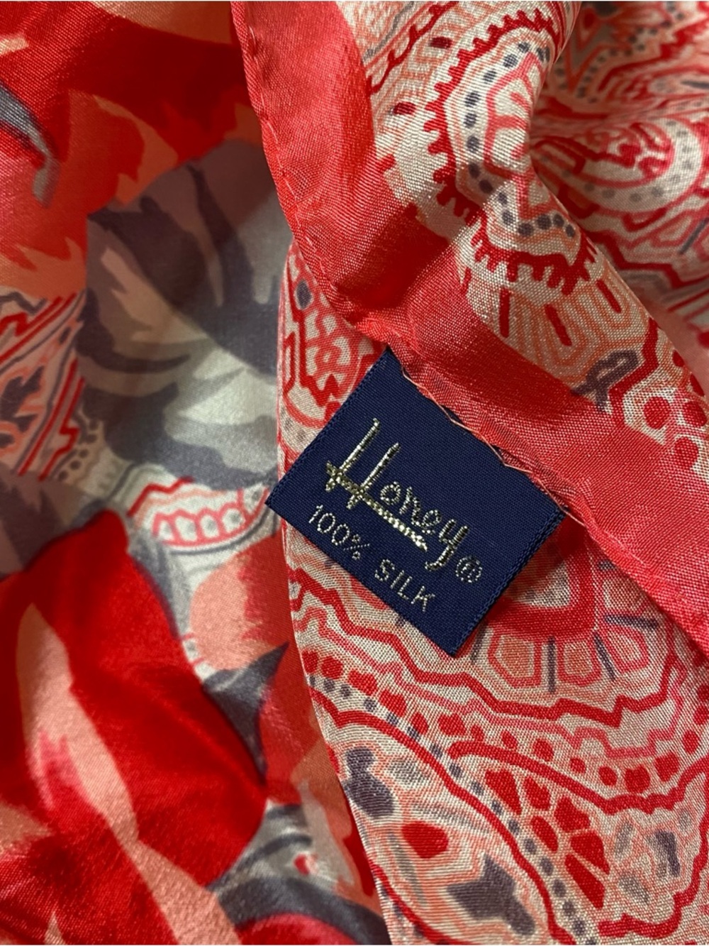 Honey 100% Silk Scarf Red Floral Paisley Large Square Japan - Picture 3 of 6